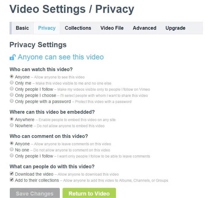 vimeo privacy options