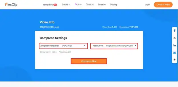  set compression parameters and execute flexclip