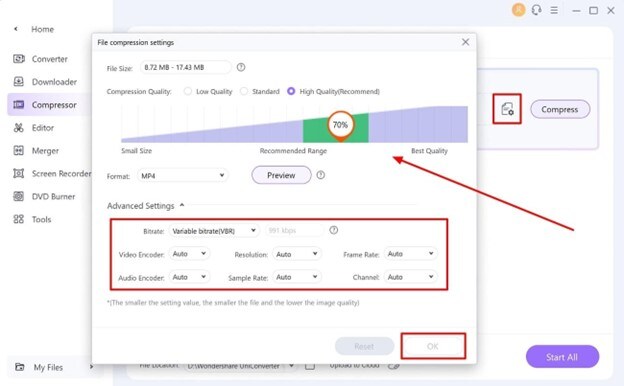 Configura los ajustes de UniConverter y comprime