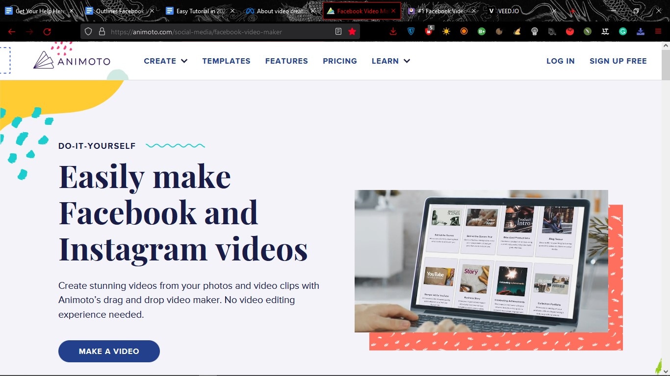 front page of animoto website