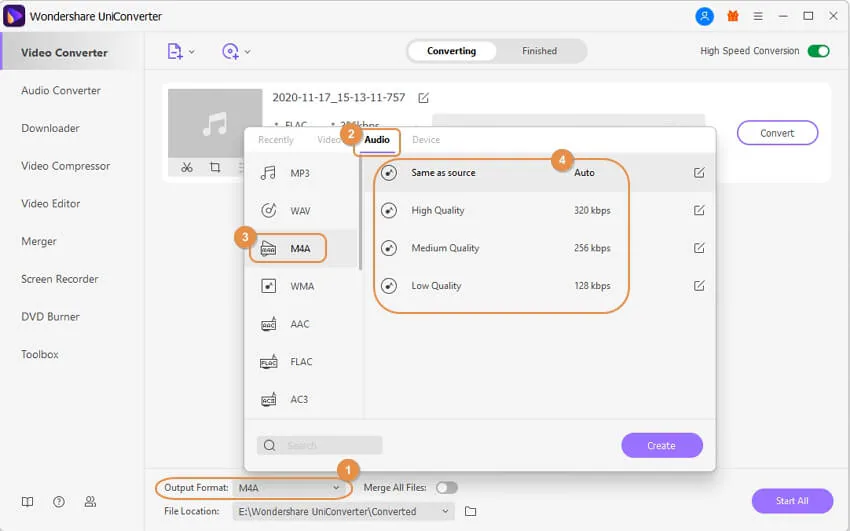 Select M4A as the output format