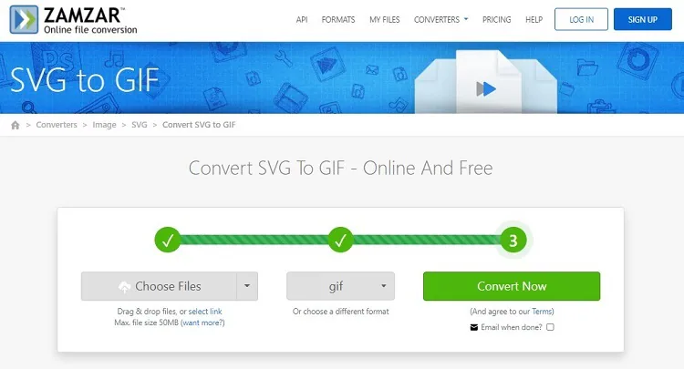 Zamzar para converter SVG em GIF