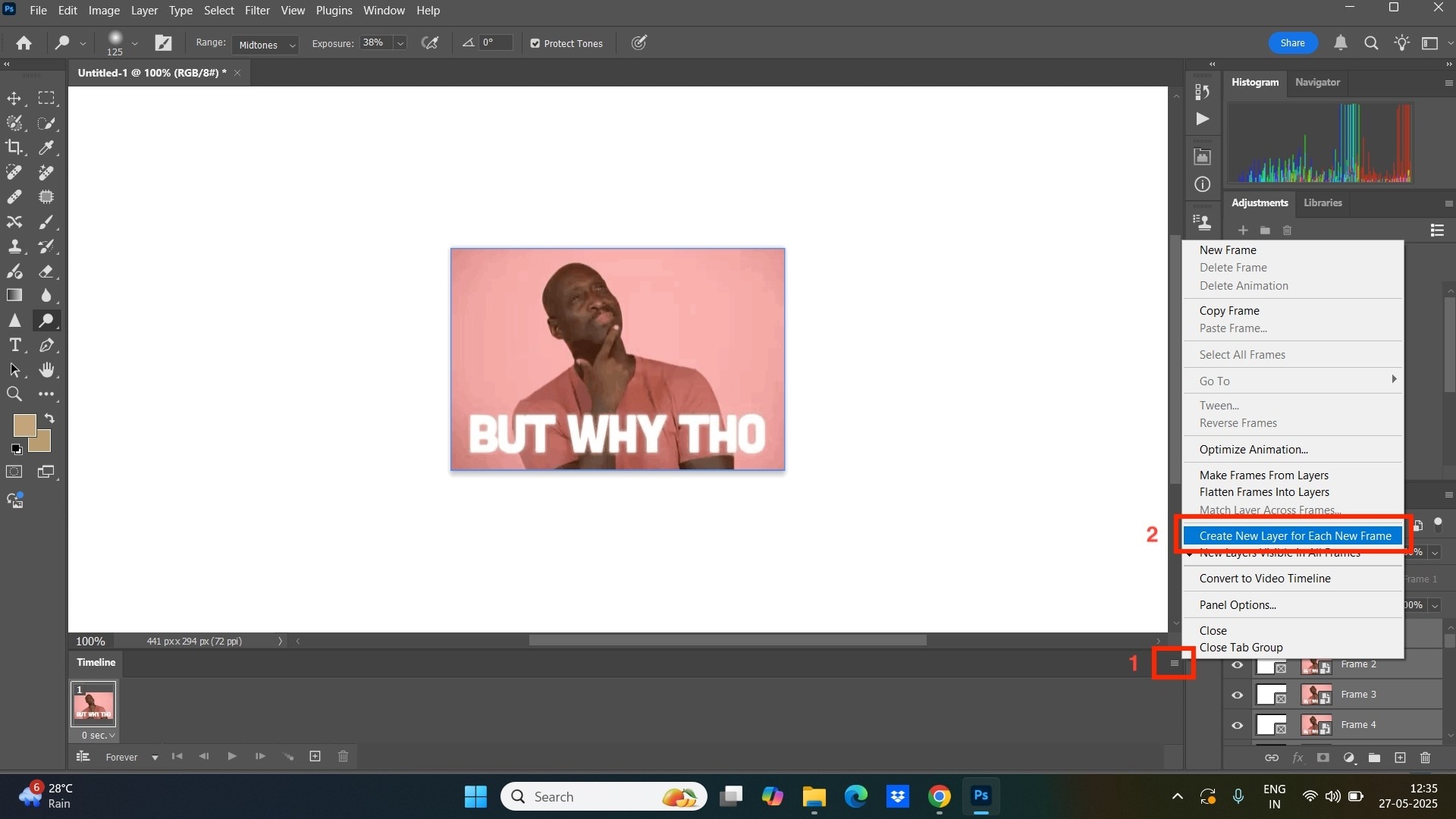 photoshop create layer for frame