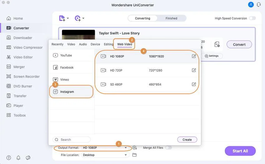 select output format wondershare uniconverter