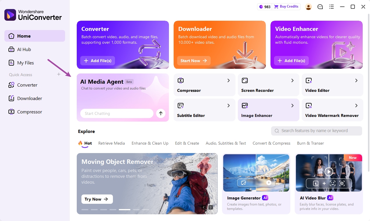Open AI Media Agent from the UniConverter Home screen