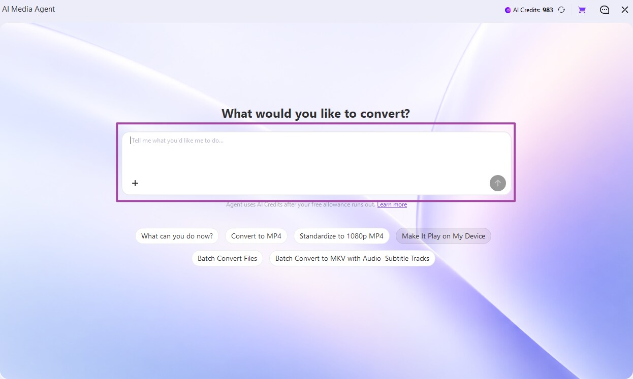 Add a media file and enter a conversion request in AI Media Agent
