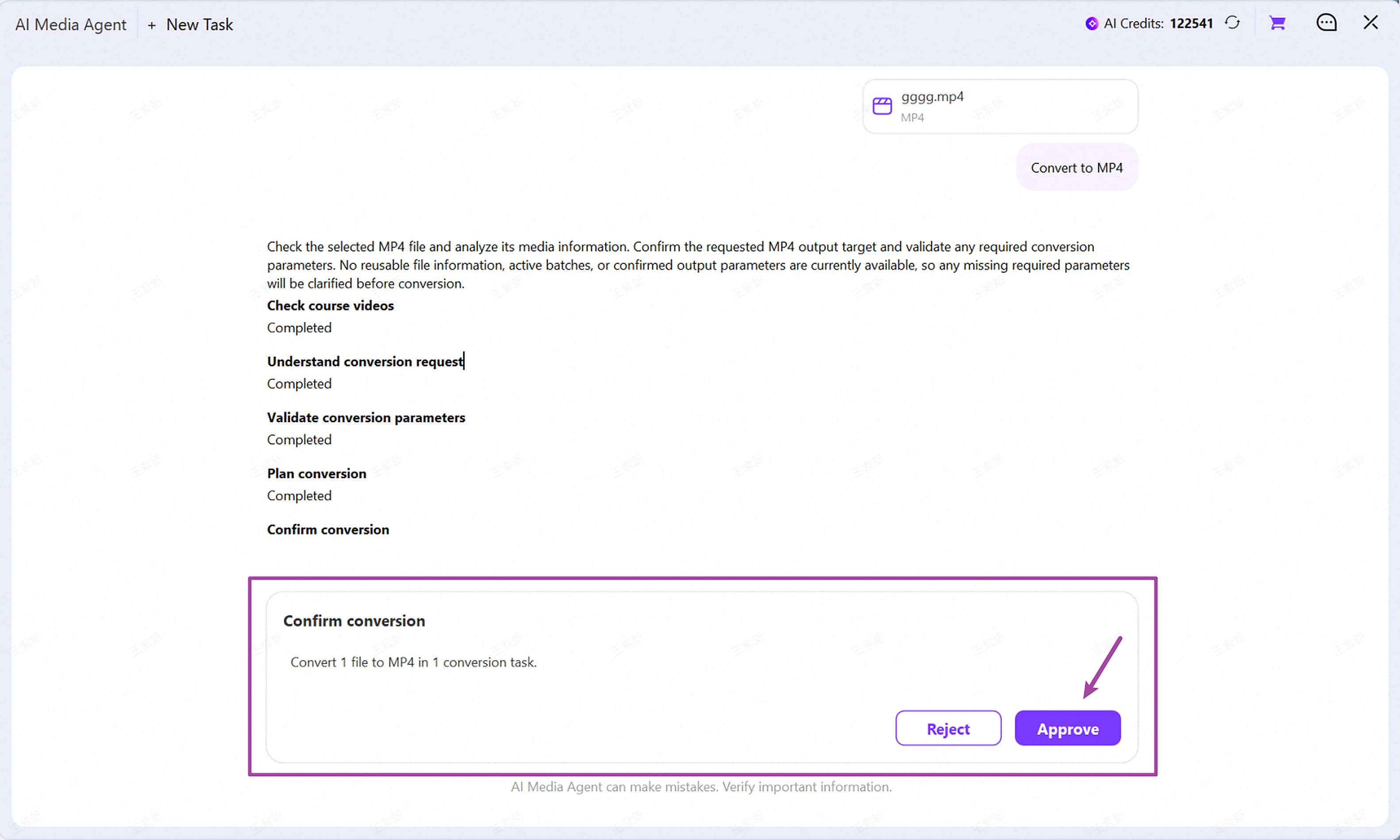 Review the conversion plan and approve the task in AI Media Agent