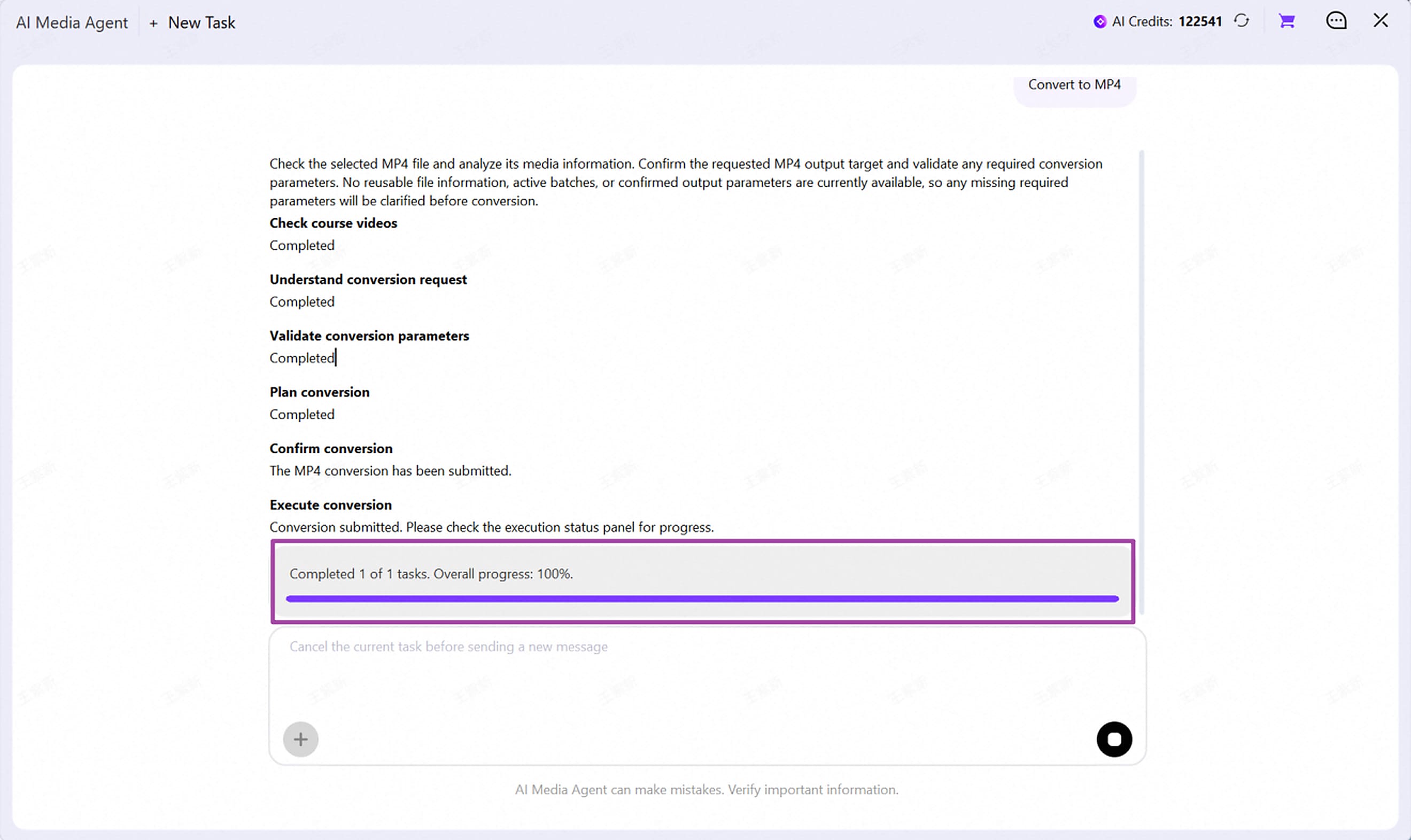 Monitor the conversion task and progress in AI Media Agent