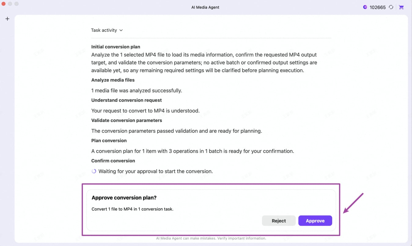 Review and approve the conversion plan in AI Media Agent on Mac