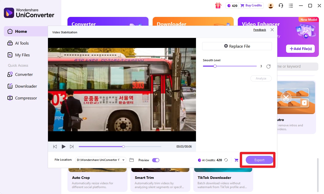 Step3. Adjust the Settings to stabilize the video
