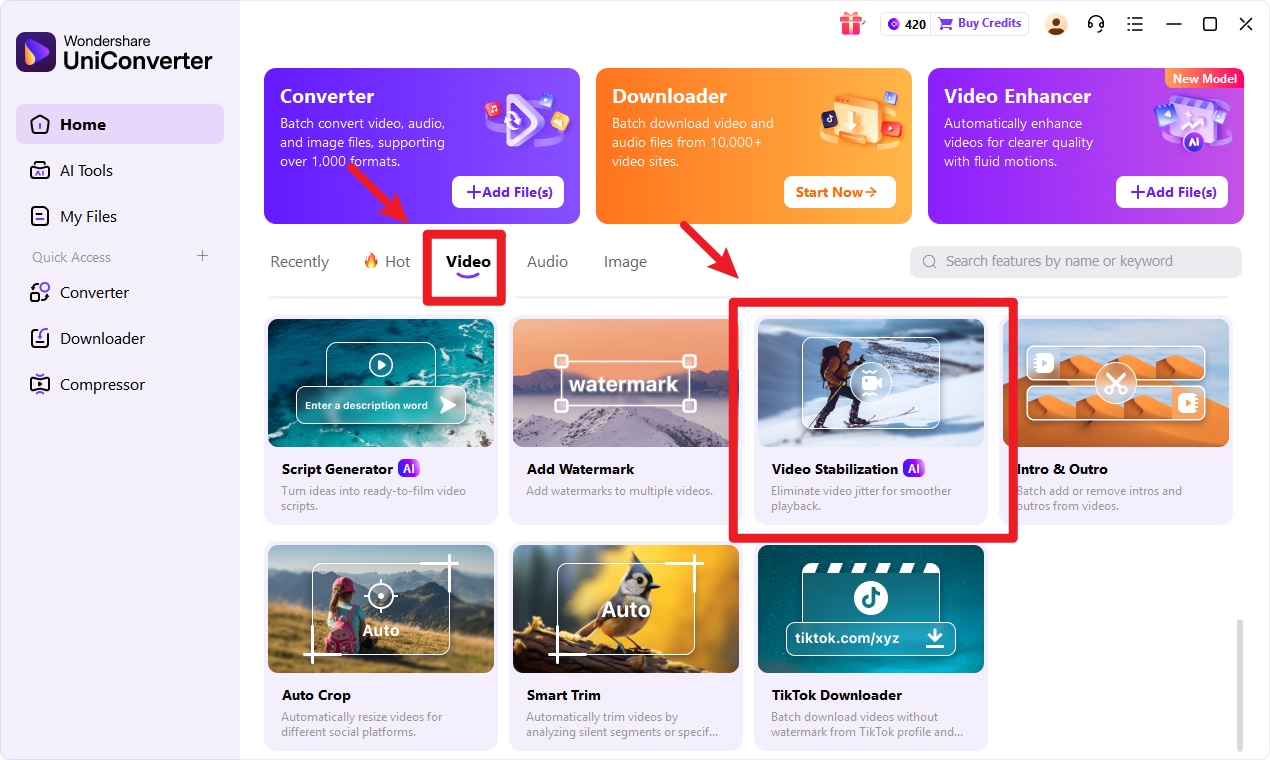 Launch Wondershare UniConverter and choose Video Stabilization.
