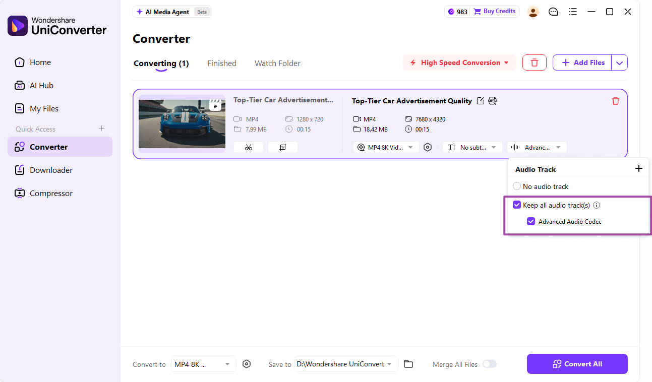 Preserve original audio tracks during video conversion in UniConverter 18