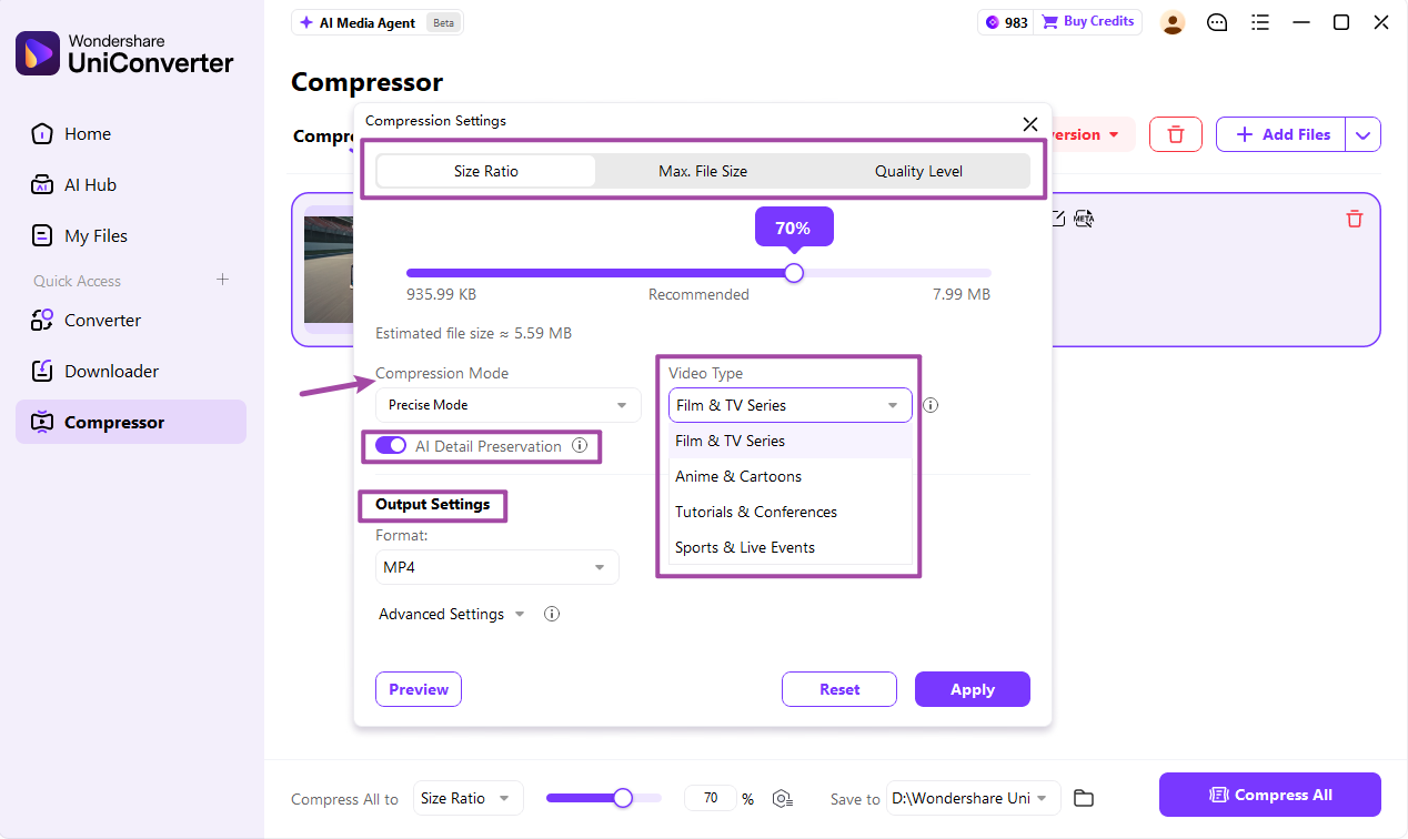 Set size ratio and view compression options in UniConverter 18