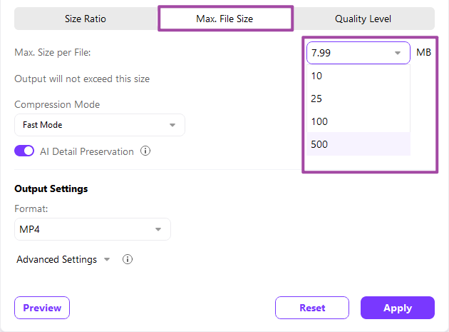 Set maximum output file size in Compressor