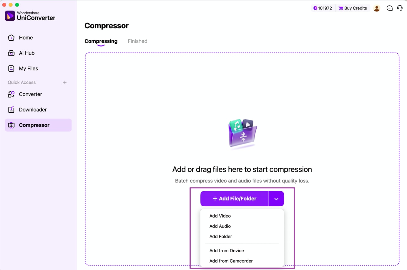 Import video audio or folder files into UniConverter Compressor for Mac