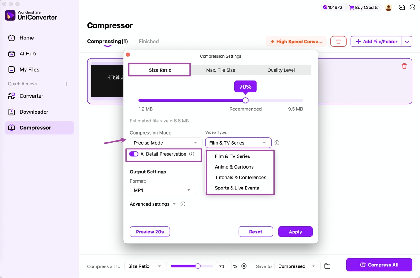 Set video compression size ratio and AI Detail Preservation on Mac