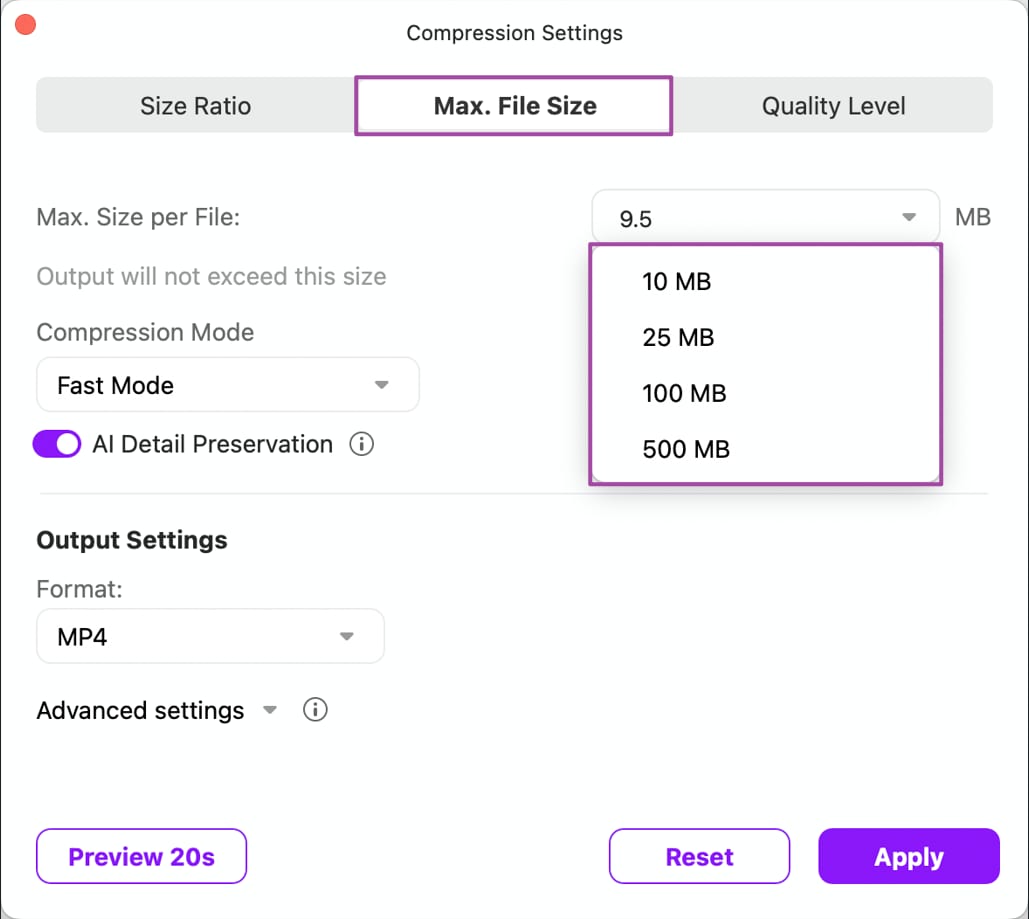 Choose maximum target file size for video compression on Mac