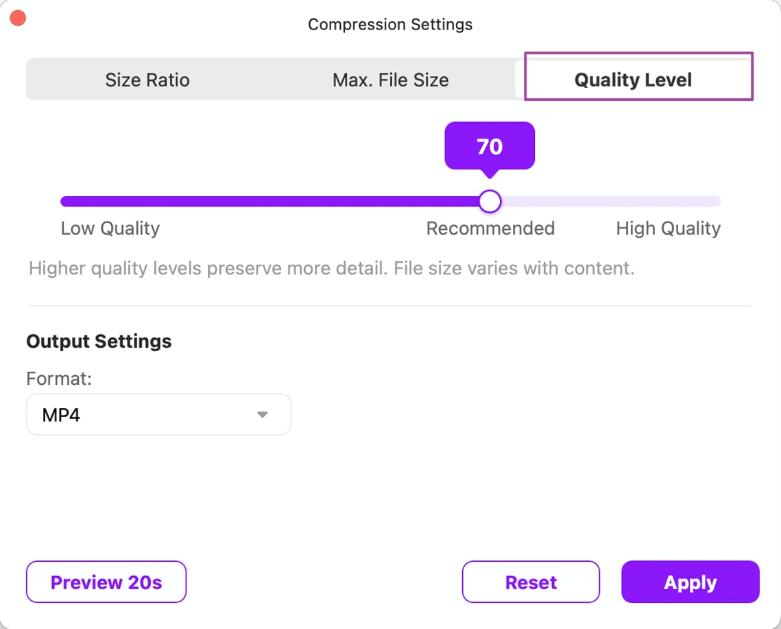 Adjust video compression quality level in UniConverter 18 for Mac