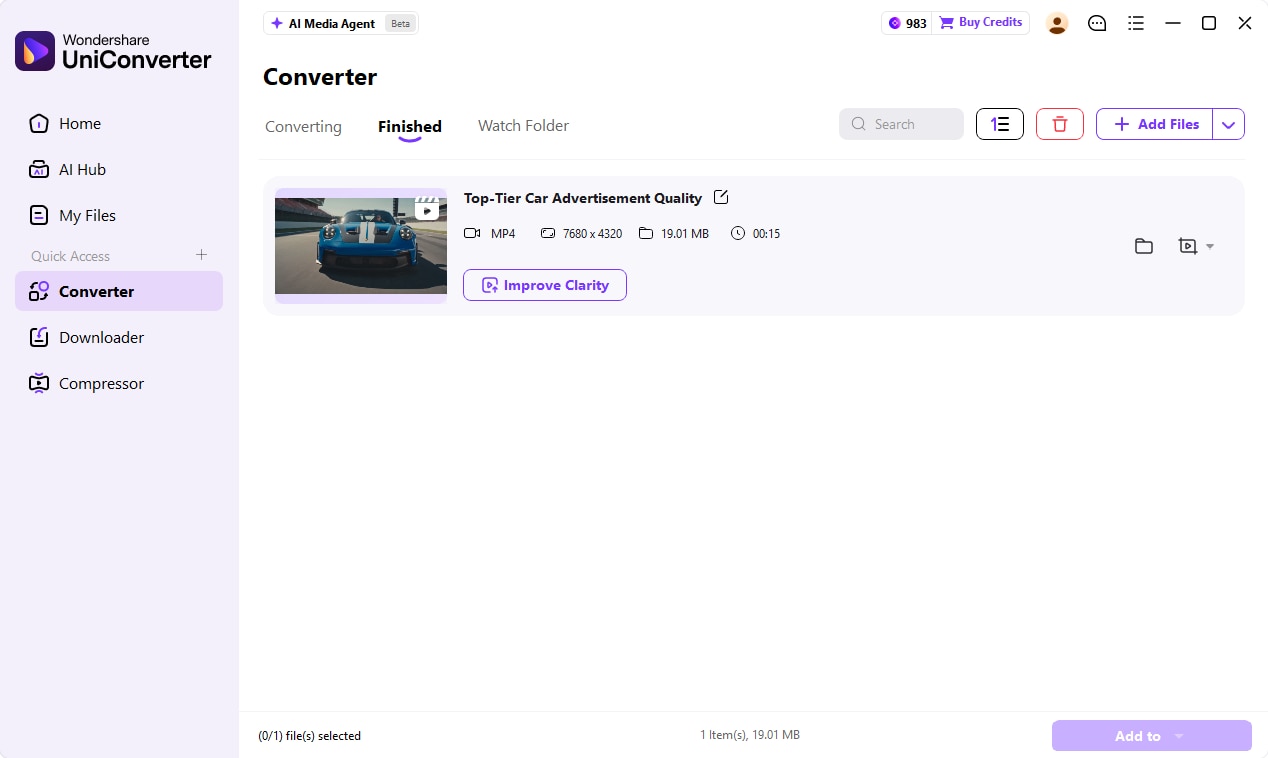 Open the Finished tab after UniConverter 18 conversion