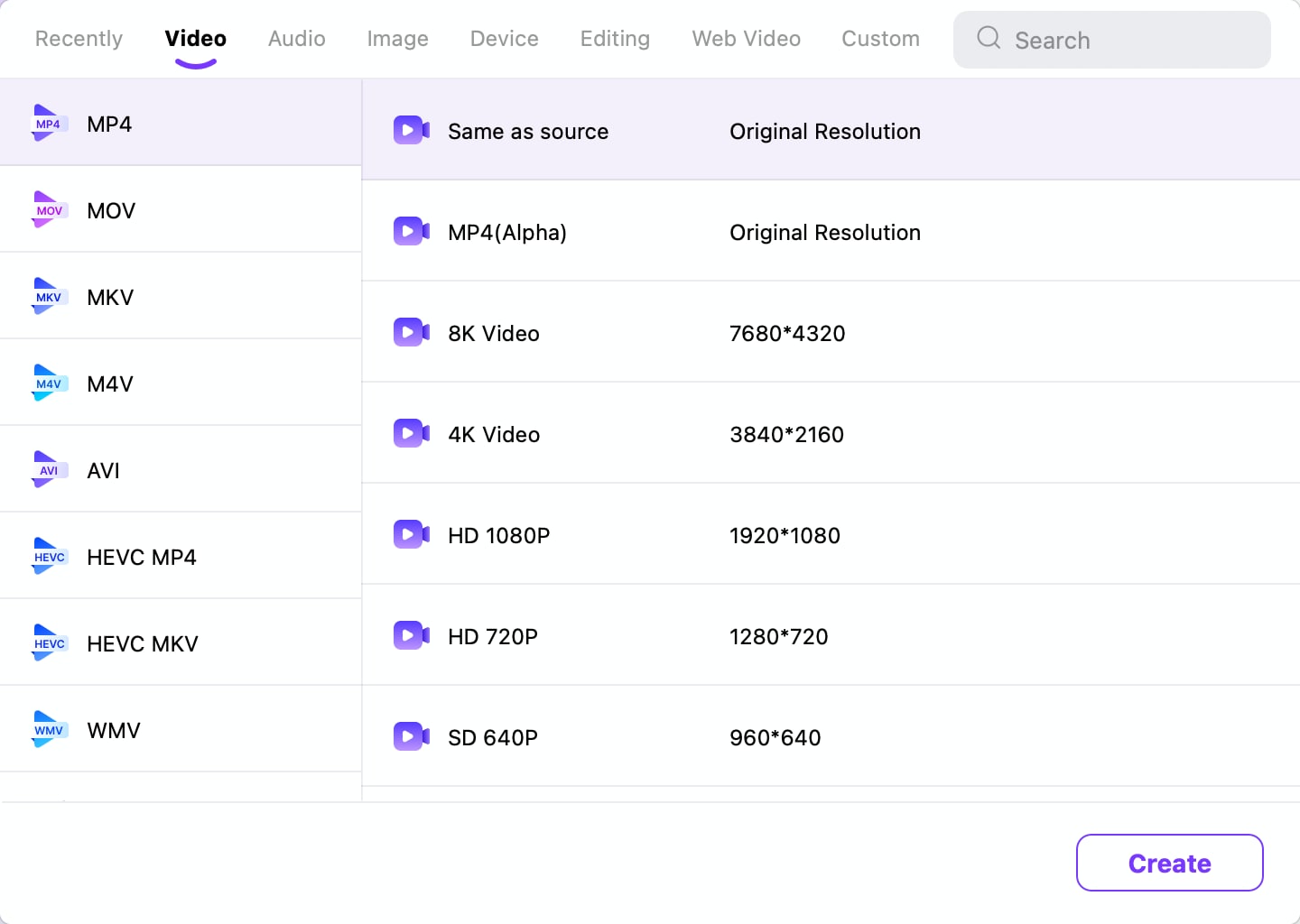 Choose video output formats and resolution presets in UniConverter for Mac