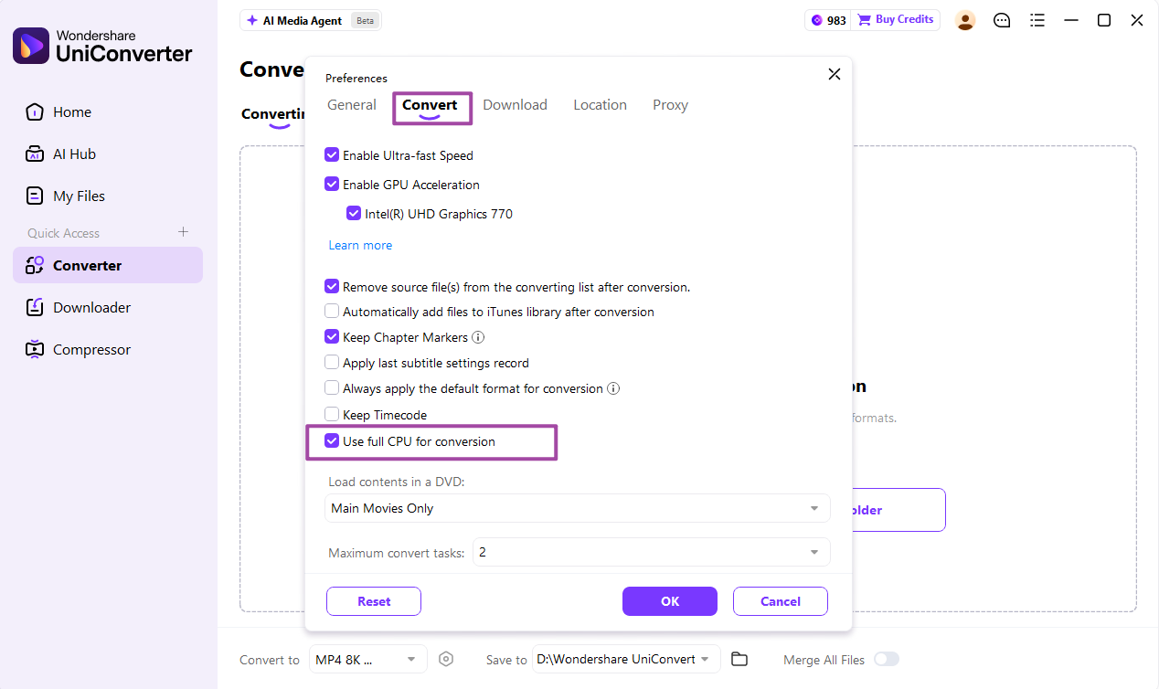 Adjust CPU usage control in UniConverter 18 conversion preferences