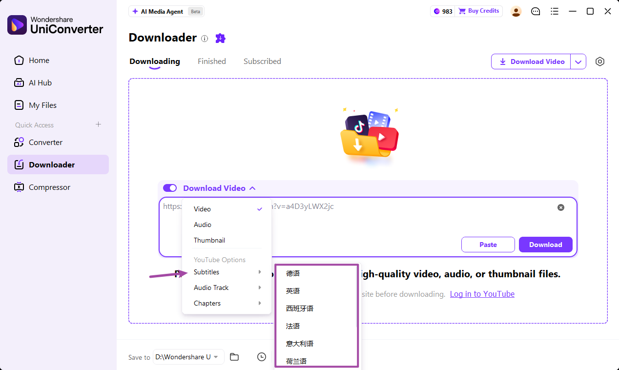 Seleccionar el idioma de los subtítulos de YouTube en el Descargador de UniConverter 18