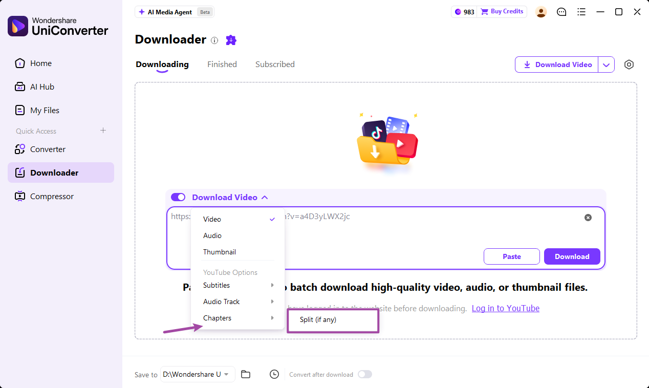 Activar la opción Dividir (si hay) para descargar vídeos de YouTube por capítulos