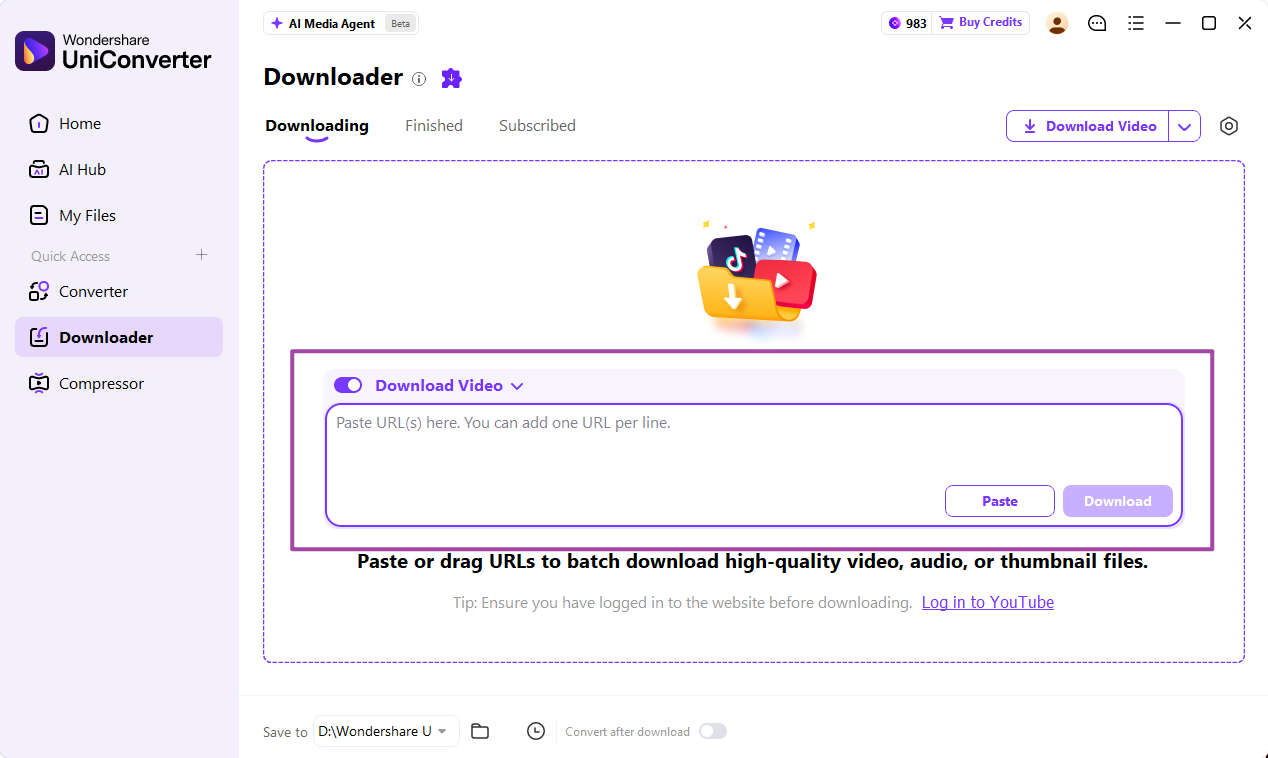 Pegar la URL de un vídeo en el Descargador de UniConverter