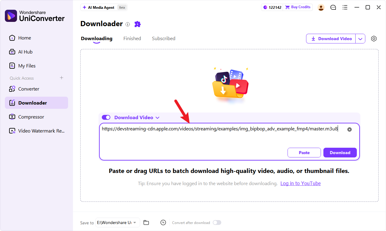 Pegar la URL de un flujo de vídeo M3U8 en el Descargador de UniConverter 18