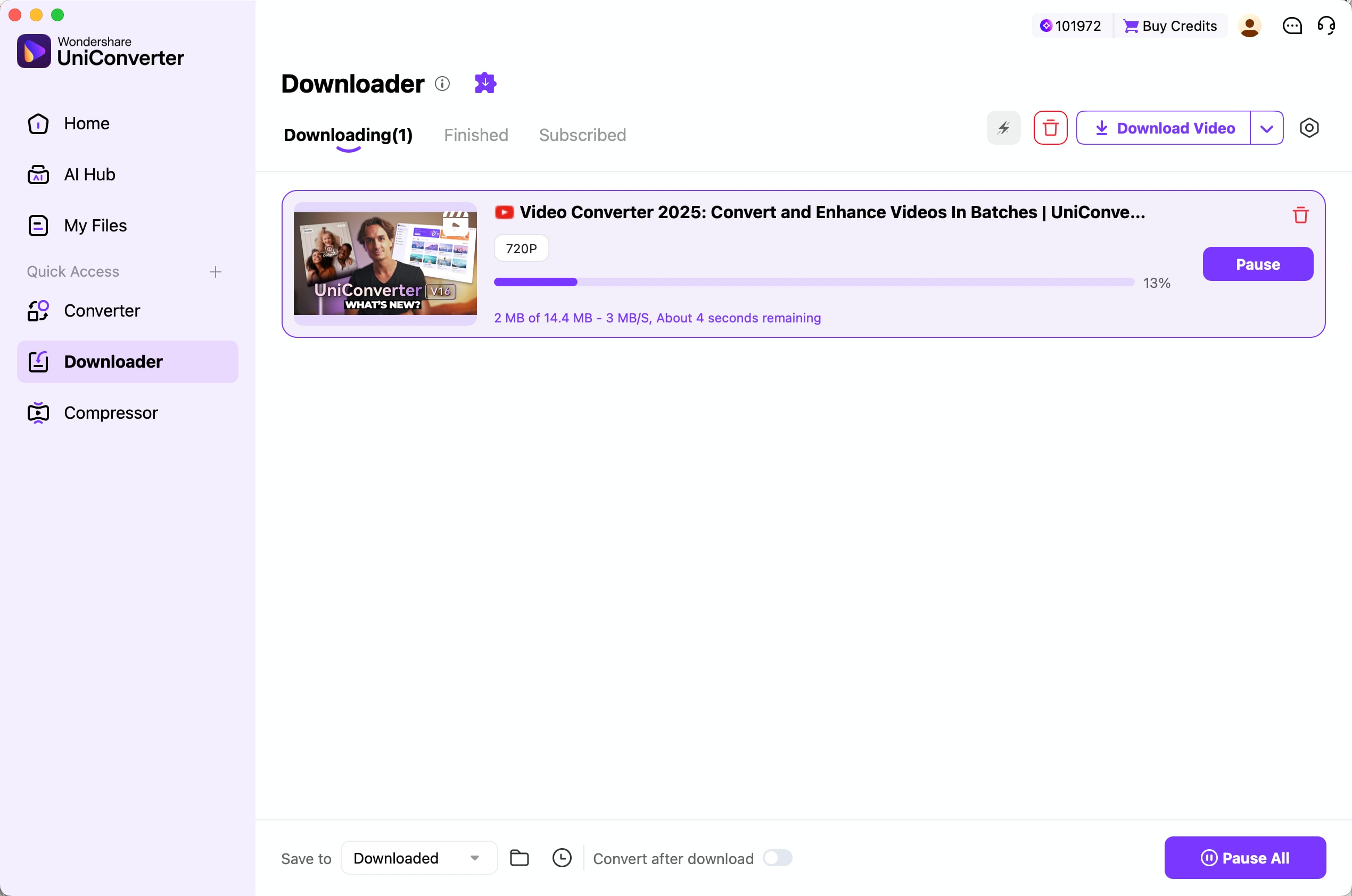 Fortschritt eines Online-Video-Downloads in UniConverter 18 für Mac verfolgen