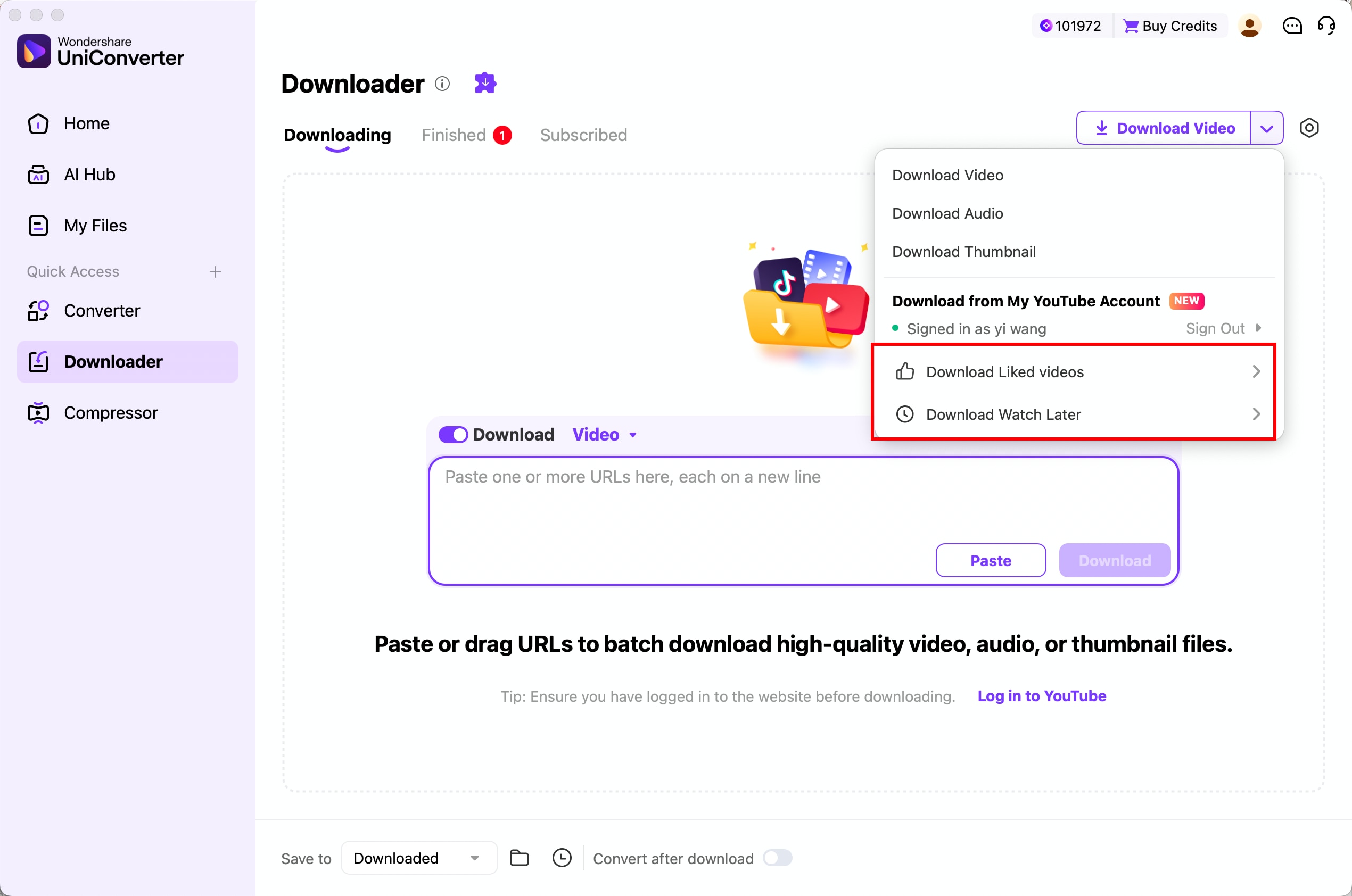 YouTube-Listen Liked Videos und Watch Later in UniConverter für Mac öffnen