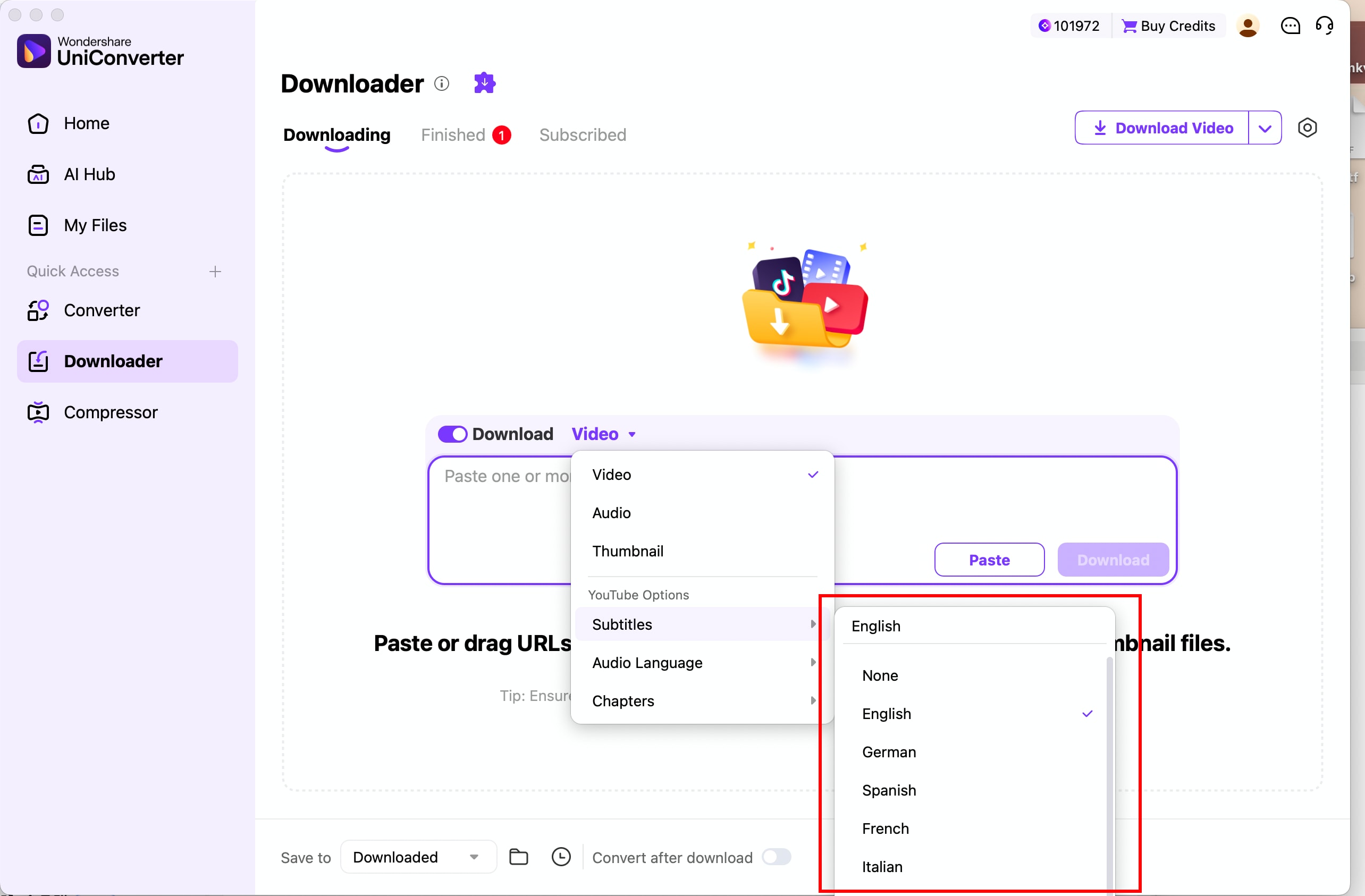 Sprachen der YouTube-Untertitel im UniConverter Downloader für Mac auswählen