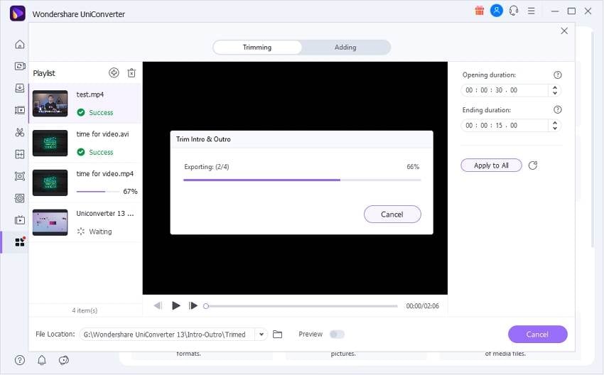 Export video files without intros and outros