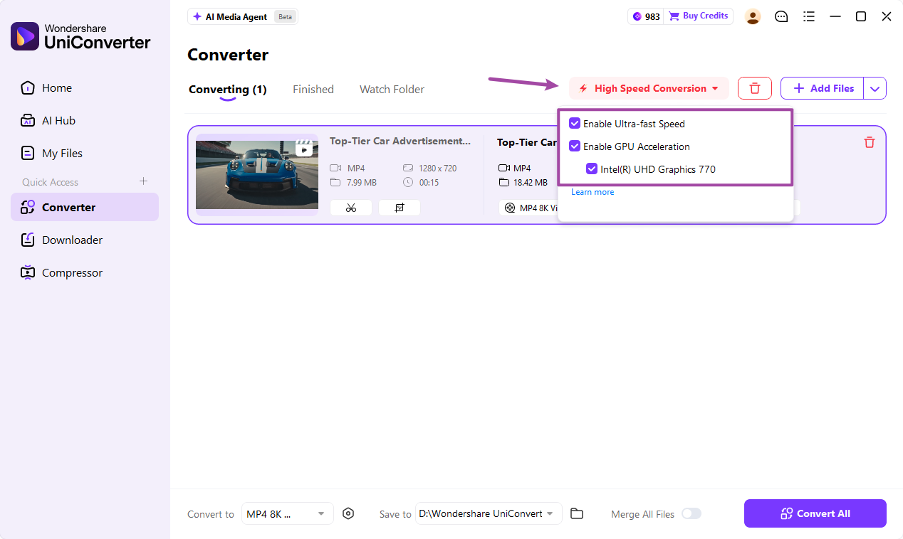 Enable high-speed conversion and GPU acceleration in UniConverter 18