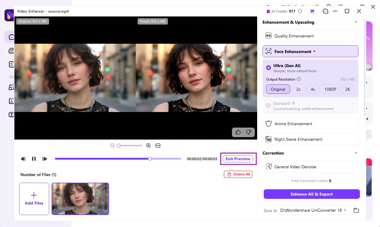 Comparar los detalles faciales del vídeo original y el mejorado con IA generativa