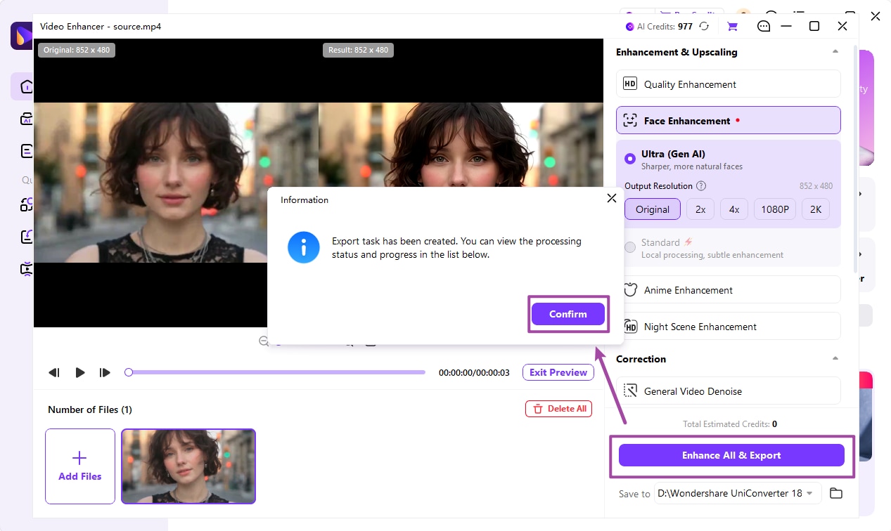 Iniciar la tarea de mejora facial y exportación en Wondershare UniConverter 18