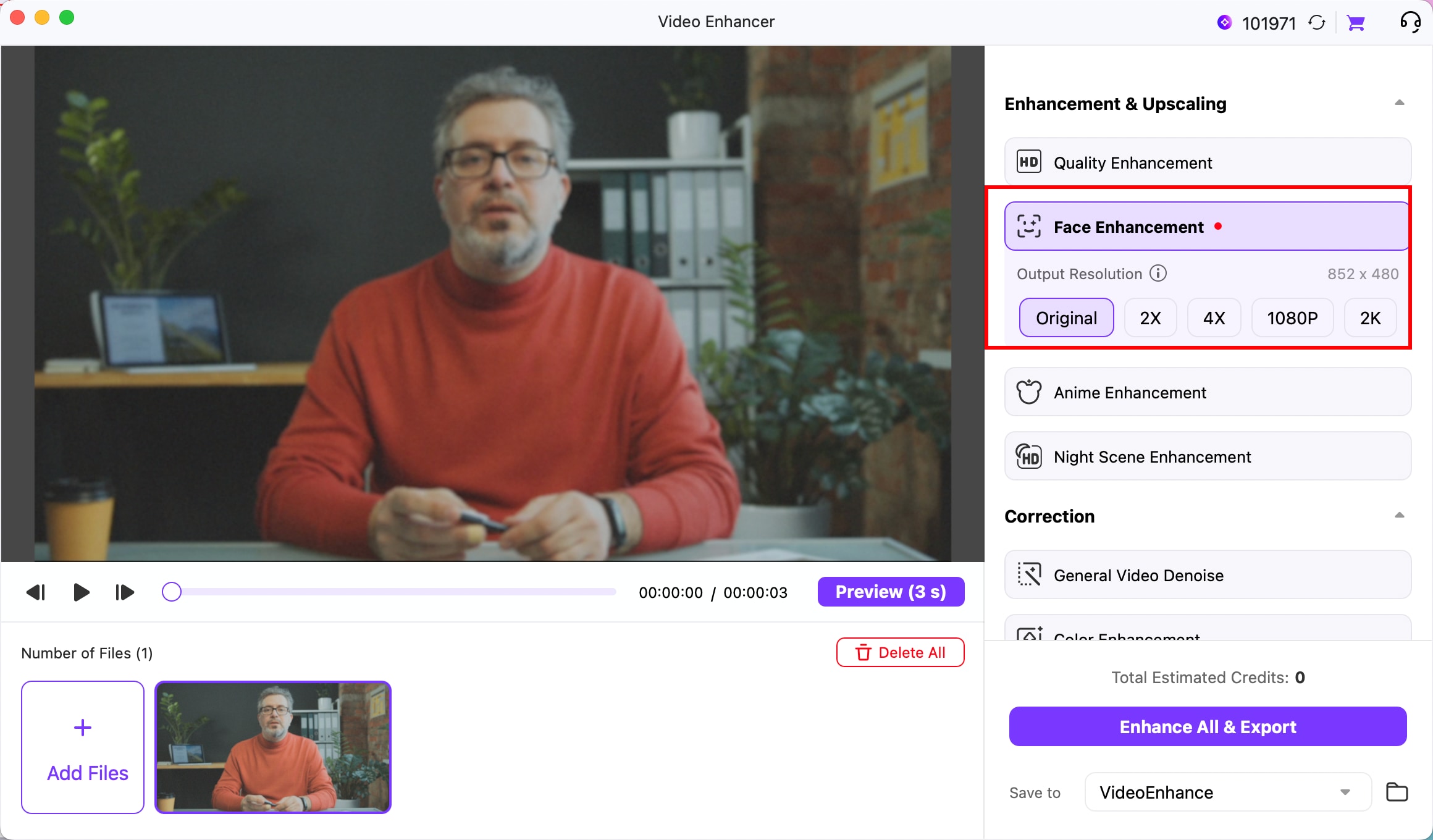 Seleccionar Mejora de retratos e importar un vídeo en UniConverter 18 para Mac