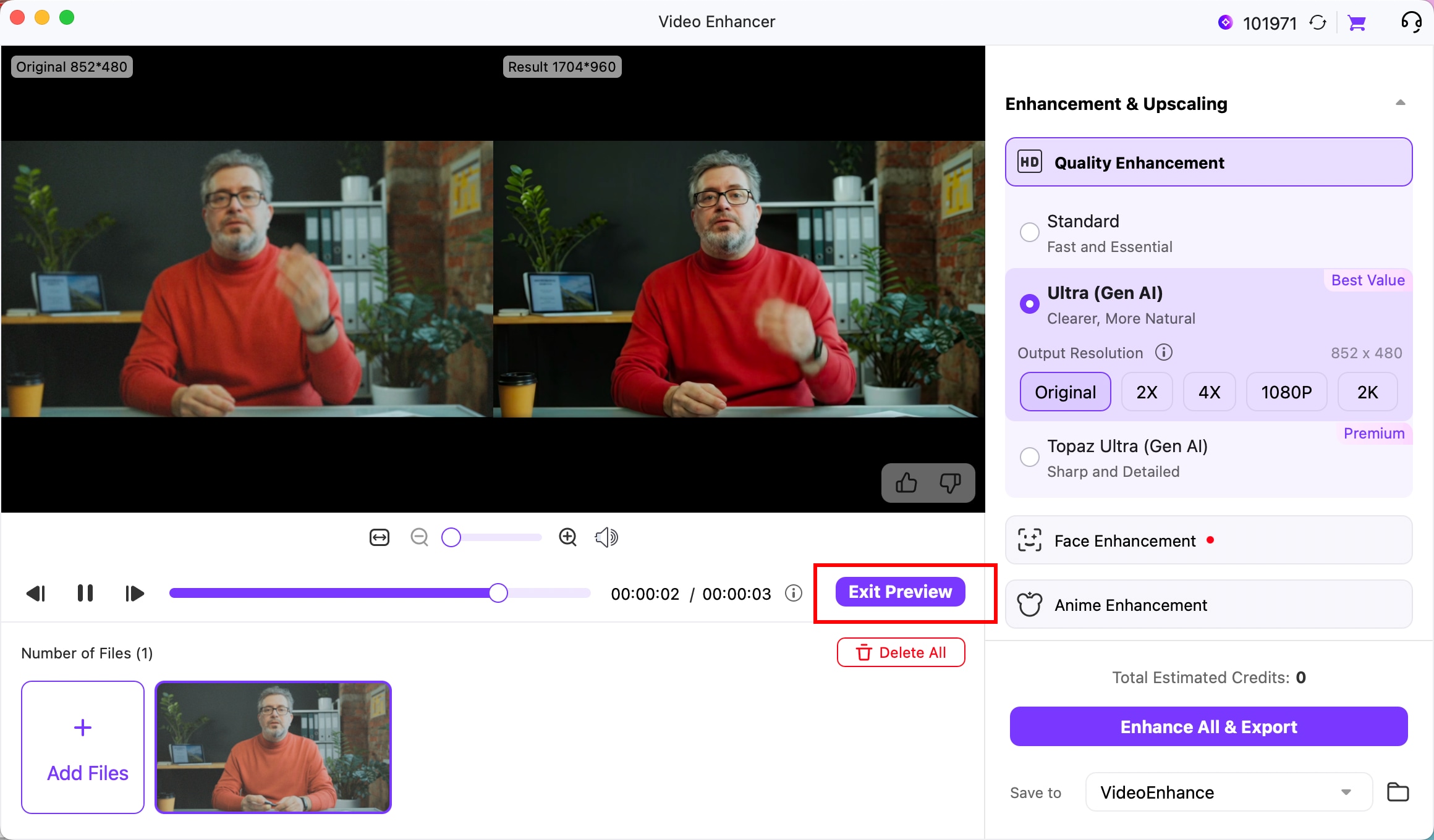 Comparar los detalles faciales del vídeo original y el mejorado con IA en UniConverter para Mac