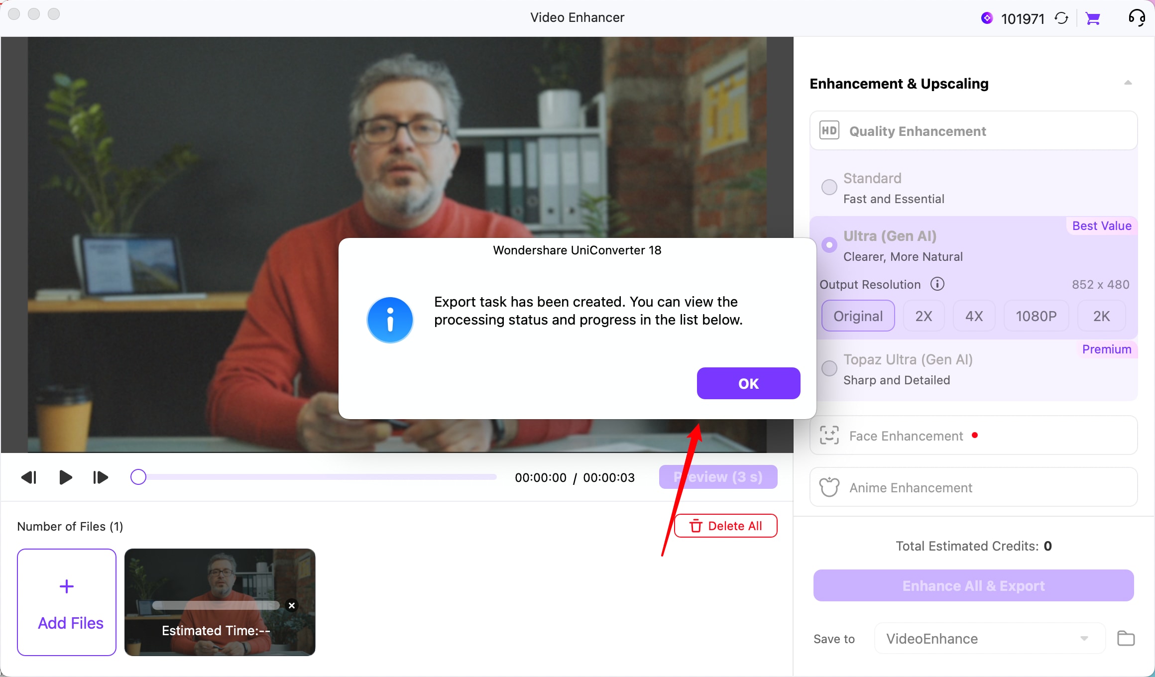 Iniciar la tarea de mejora facial con IA y exportación en UniConverter 18 para Mac