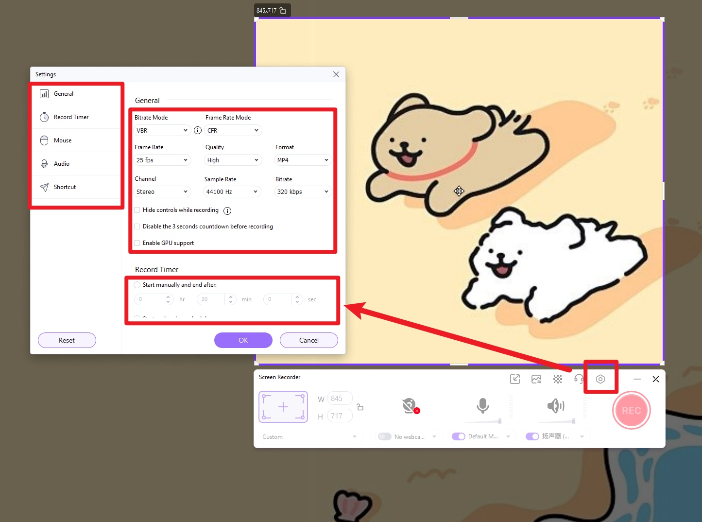 Set the recording preferences