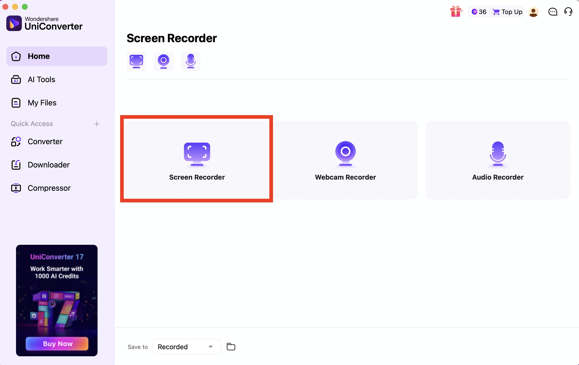 select screen recording option