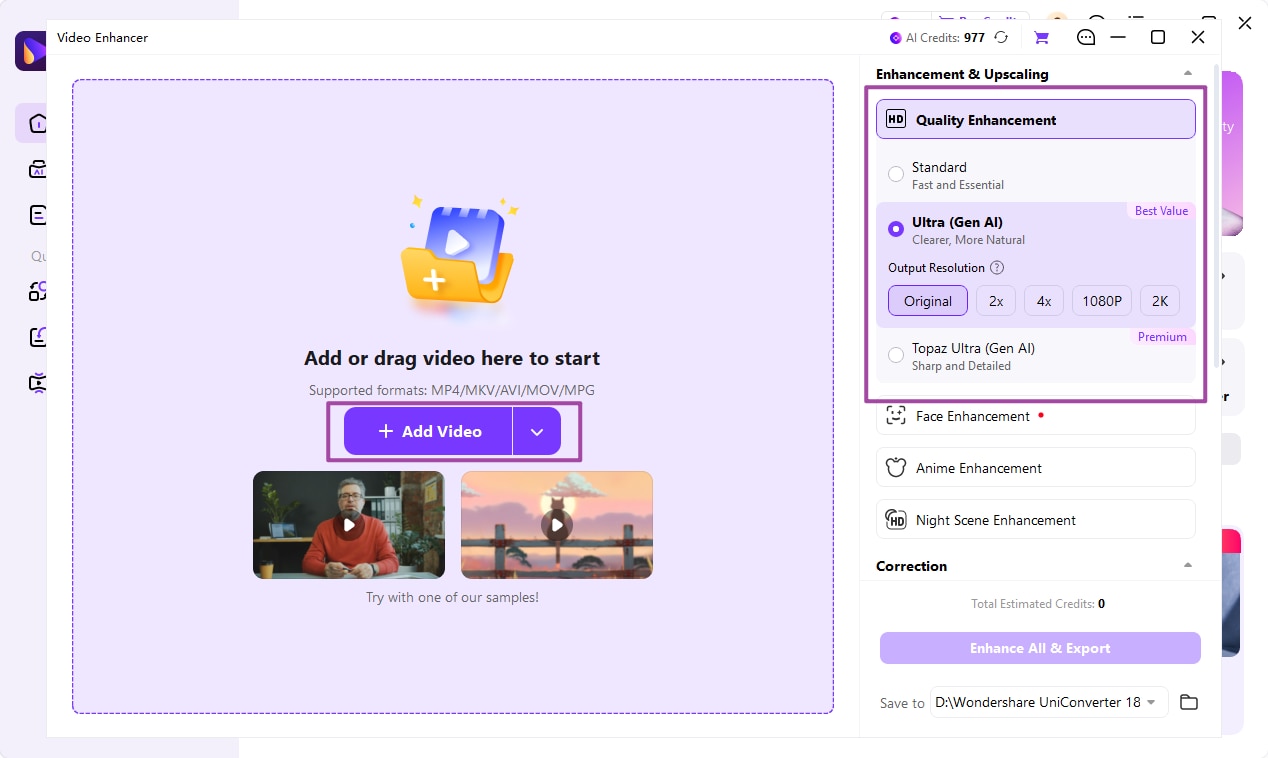 Select Quality Enhancement and Ultra Gen AI in Video Enhancer