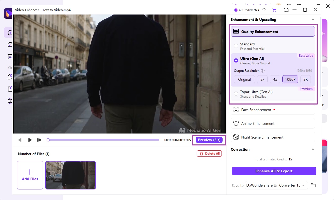 Choose 1080P output resolution and preview generative AI video upscaling