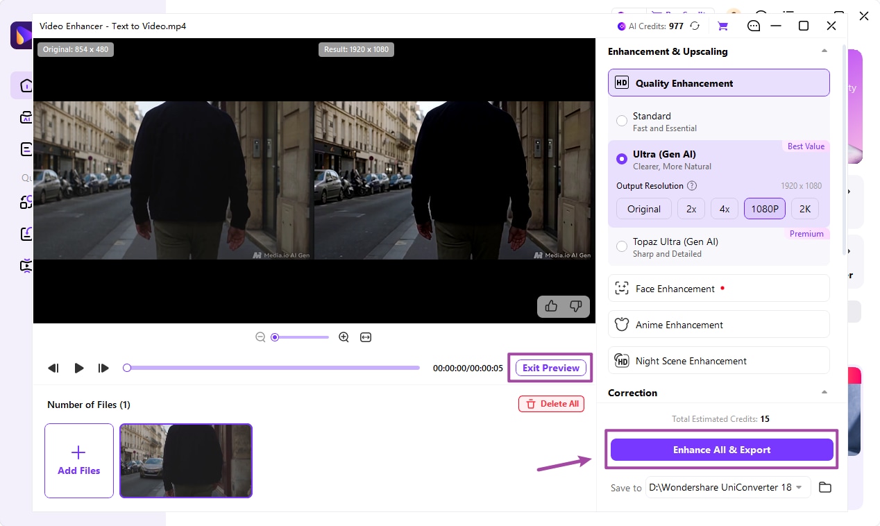 Compare original and enhanced video quality with Ultra Gen AI