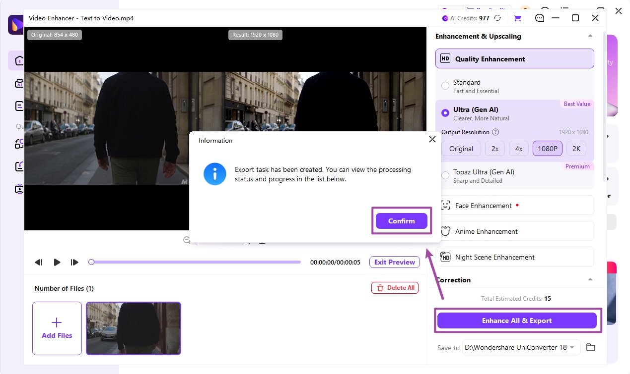 Create and confirm an AI video enhancement export task