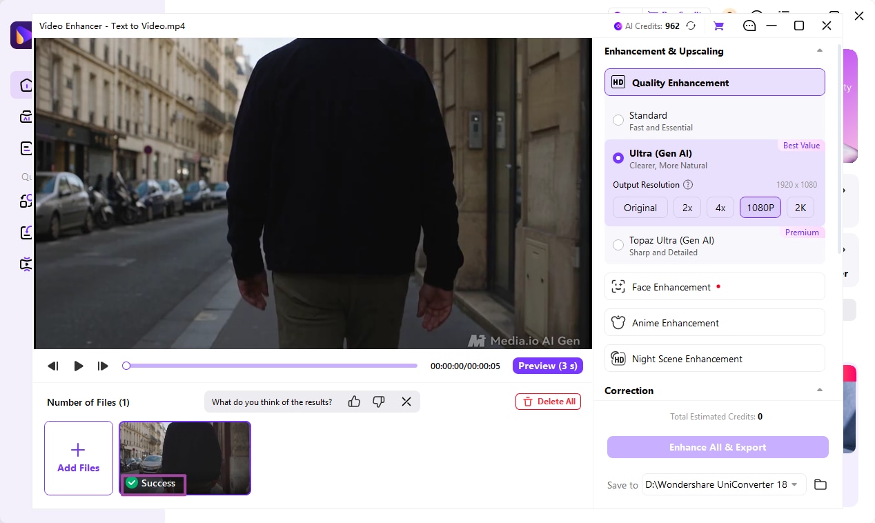 AI video enhancement task completed successfully in UniConverter 18