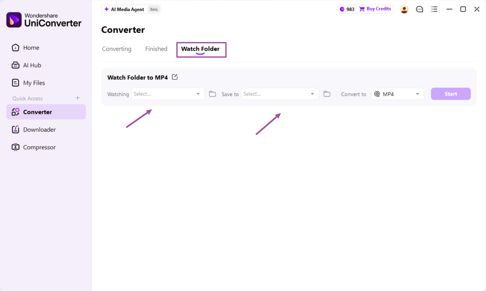 Configure watched folder, output location, and format in UniConverter 18