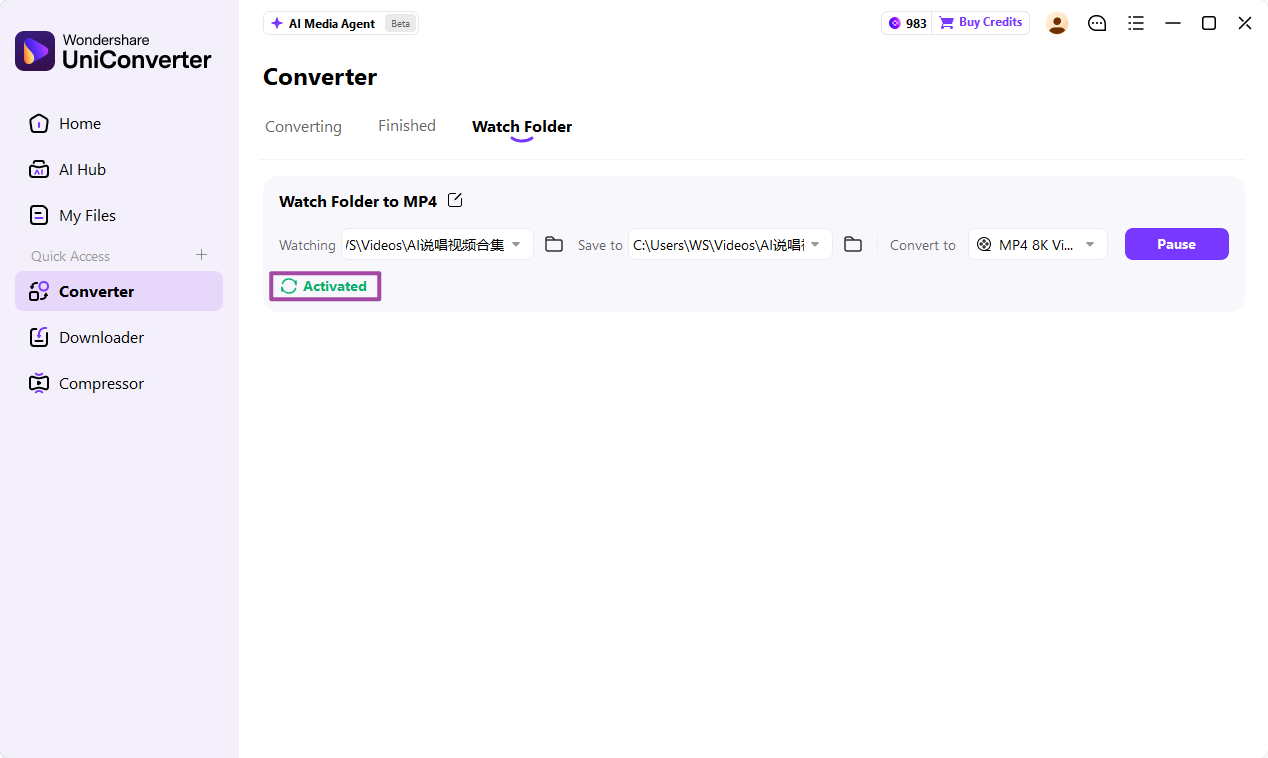 Watch Folder activated for automatic video conversion in UniConverter 18