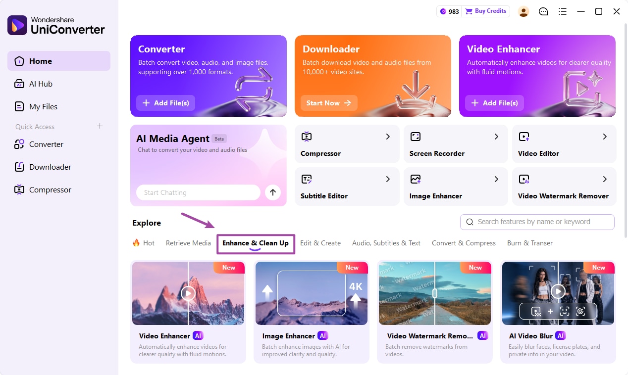 Open Enhance and Clean Up in Wondershare UniConverter 18
