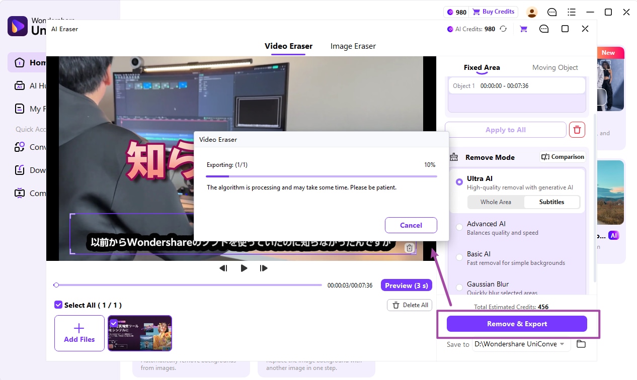 Export the video after removing burned-in subtitles